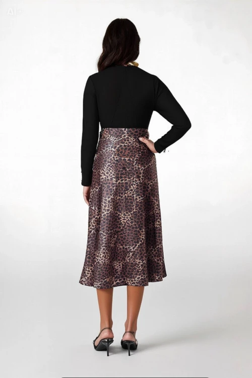 Kadın Kahverengi Leopar Desenli Saten Yüzeyli Beli Lastikli Midi Boy Etek Hzl23s-bd1101471