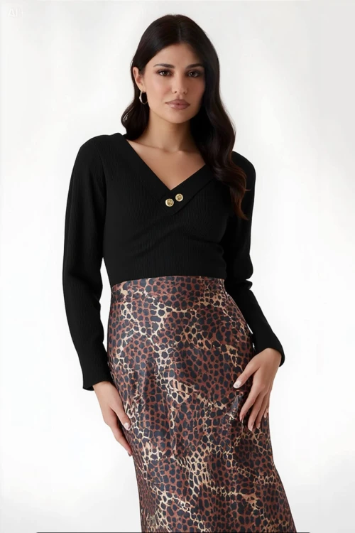 Kadın Kahverengi Leopar Desenli Saten Yüzeyli Beli Lastikli Midi Boy Etek Hzl23s-bd1101471