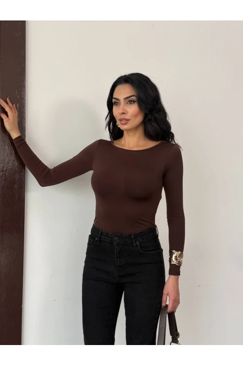 Kadın Kahverengi Sırtı Açık Fiyonk Bağlamalı Uzun Kol Bluz HZL25W-FRY123661