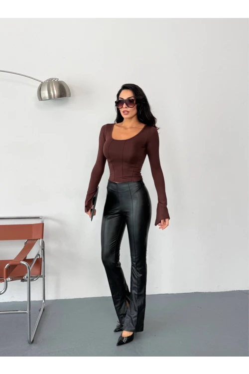 Kadın Kahverengi Uzun Kollu Arkası Bağlamalı Fit Kesim Crop Bluz HZL25W-FRY122771