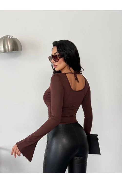 Kadın Kahverengi Uzun Kollu Arkası Bağlamalı Fit Kesim Crop Bluz HZL25W-FRY122771