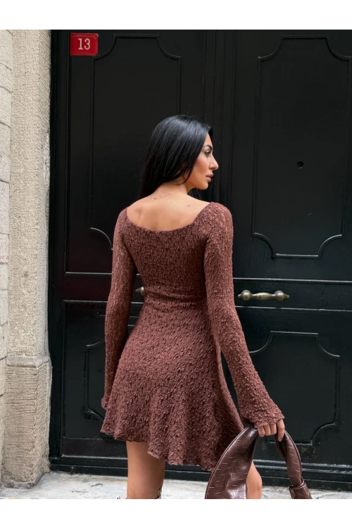 Kadın Kahverengi Uzun Kollu Dantel Detay Astarlı Kloş Elbise HZL25W-FRY123531