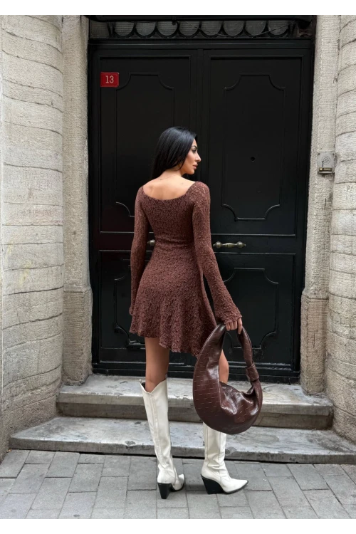 Kadın Kahverengi Uzun Kollu Dantel Detay Astarlı Kloş Elbise HZL25W-FRY123531