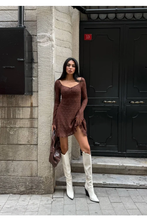 Kadın Kahverengi Uzun Kollu Dantel Detay Astarlı Kloş Elbise HZL25W-FRY123531