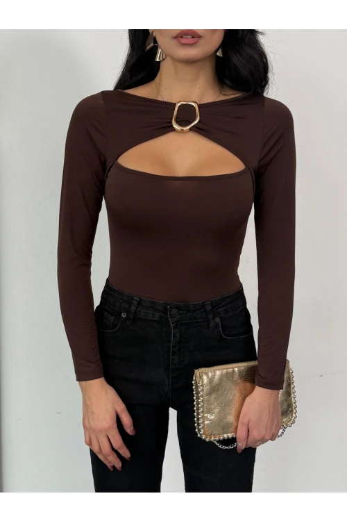 Kadın Kahverengi Uzun Kollu Göğüs Dekolteli Tokalı Bluz HZL25W-FRY123501