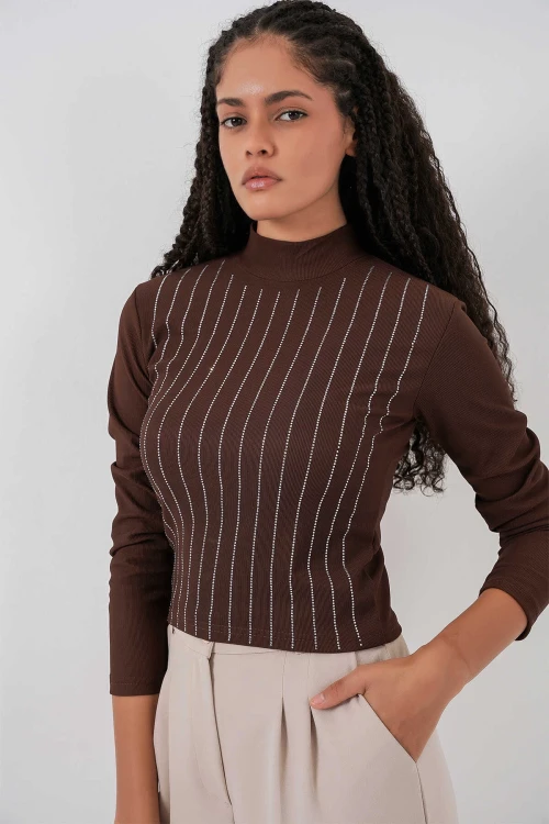 Kadın Kahverengi Yarım Balıkçı Önü Taşlı Body HZL25W-BD19221