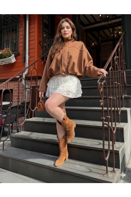 Kadın Kiremit Oversize Fermuar ve Çıt Çıt Kapamalı Cepsiz Süet Deri Ceket HZL25W-BD107301