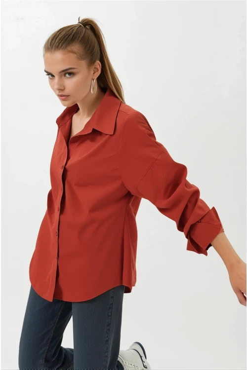 Kadın Kiremit Oversize Uzun Basic Gömlek HZL22W-BD139001
