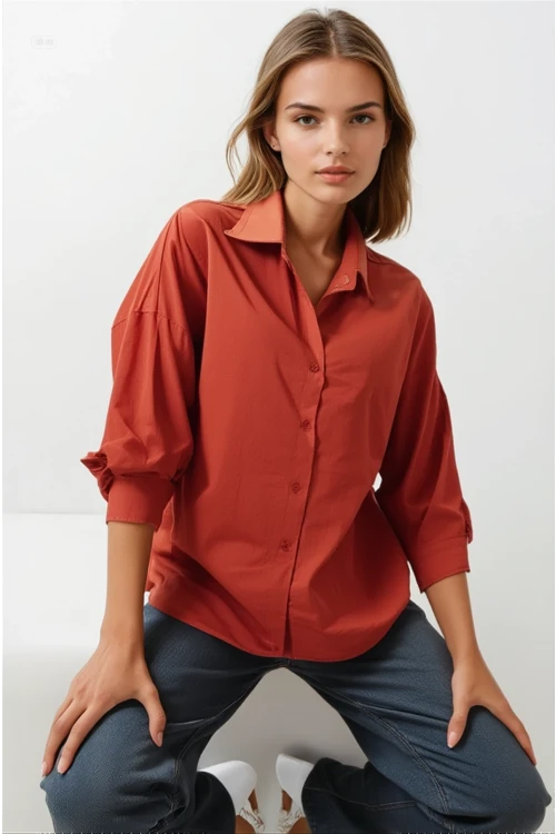 Kadın Kiremit Oversize Uzun Basic Gömlek HZL22W-BD139001