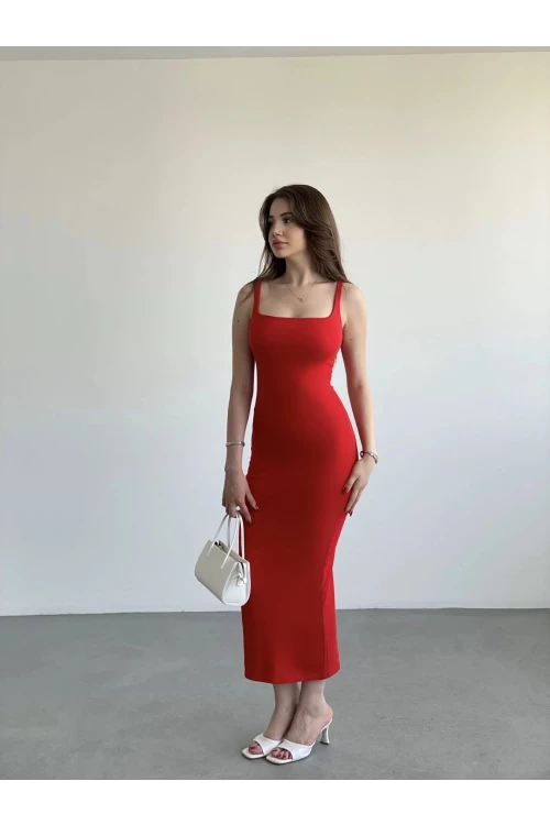 Kadın Kırmızı Askılı Kare Yaka Midi Elbise HZL25S-ZK11621