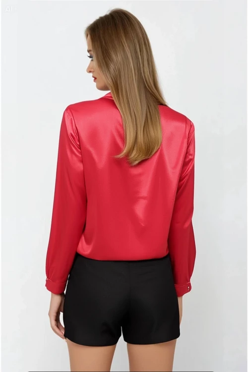 Kadın Kırmızı Hafif Dökümlü Saten Yüzeyli Gömlek HZL22W-BD139641