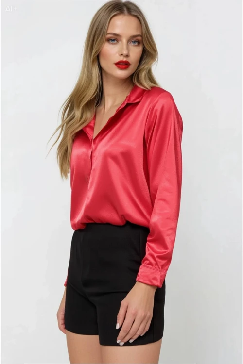 Kadın Kırmızı Hafif Dökümlü Saten Yüzeyli Gömlek HZL22W-BD139641