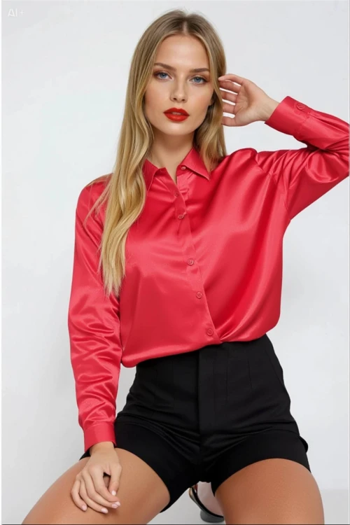 Kadın Kırmızı Hafif Dökümlü Saten Yüzeyli Gömlek HZL22W-BD139641