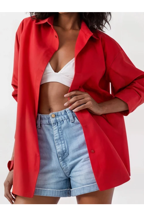 Kadın Kırmızı Oversize Uzun Basic Gömlek  HZL22W-BD139001