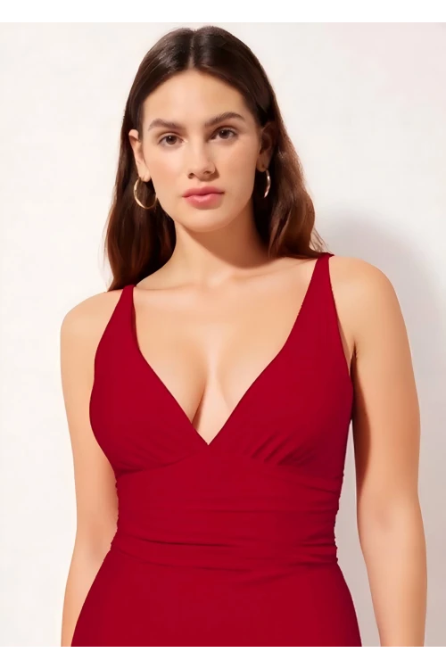 Kadın Kırmızı Sabit Askılı Çıkartılabilir Kap Büzgülü Eteklı Şortlu Elbise Mayo HZL24S-AR1906