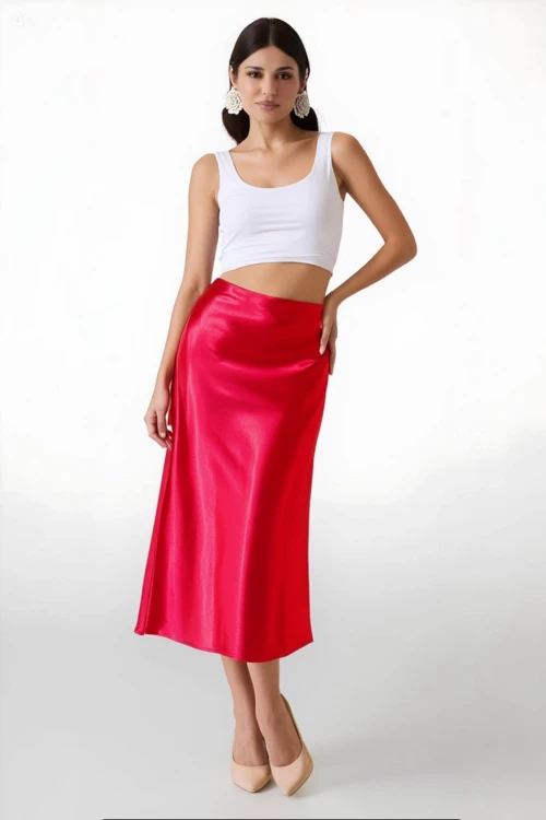 Kadın Kırmızı Saten Yüzeyli Beli Lastikli Midi Boy Etek Hzl23S-BD1101471