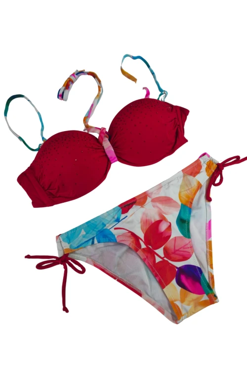 Kadın Kırmızı Taş İşlemeli Astarlı Bikini Takım HZL25S-LC207
