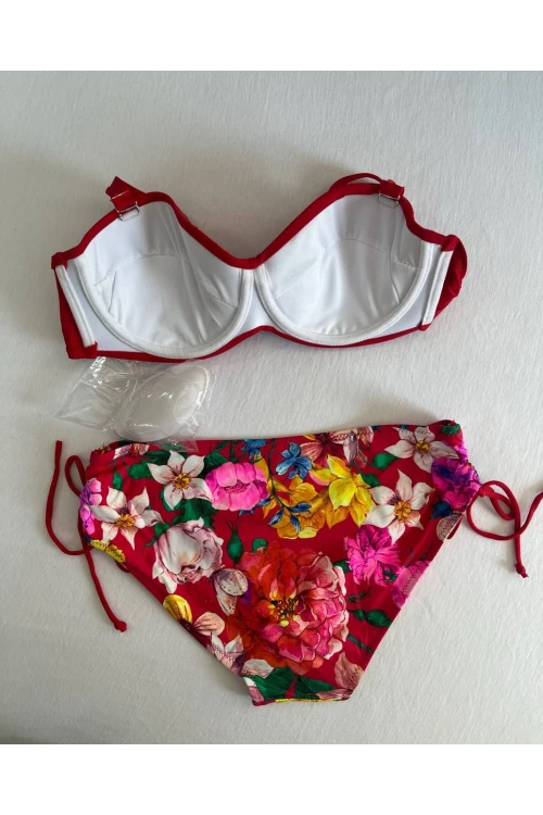 Kadın Kırmızı Taş İşlemeli Çiçek Desenli Bikini Takım HZL25S-LC3368
