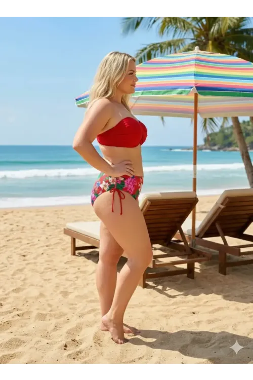 Kadın Kırmızı Taş İşlemeli Çiçek Desenli Büyük Beden Bikini Takım HZL25S-LC3368