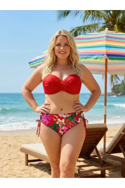 Kadın Kırmızı Taş İşlemeli Çiçek Desenli Büyük Beden Bikini Takım HZL25S-LC3368