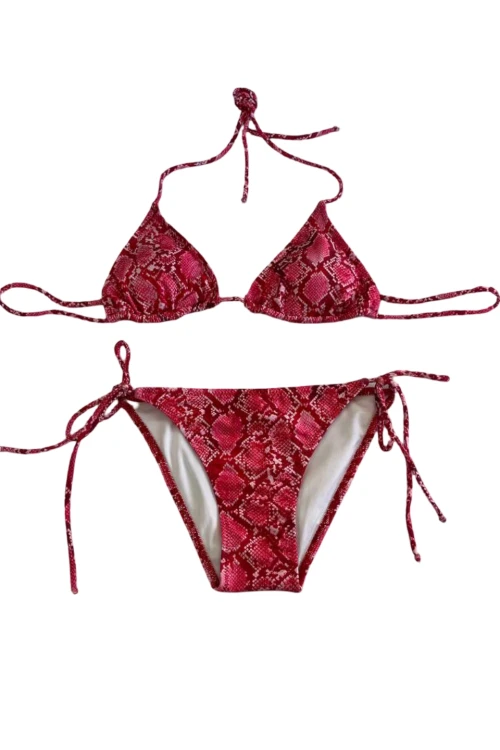 Kadın Kırmızı Yılan Derisi Desen Boyundan İp Bağlamalı Üçgen Bikini Takımı HZL25S-LC5005