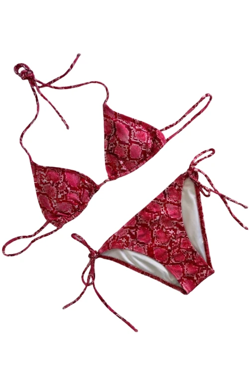 Kadın Kırmızı Yılan Derisi Desen Boyundan İp Bağlamalı Üçgen Bikini Takımı HZL25S-LC5005