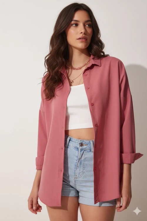Kadın Koyu Gül Kurusu Oversize Uzun Basic Gömlek HZL22W-BD139001