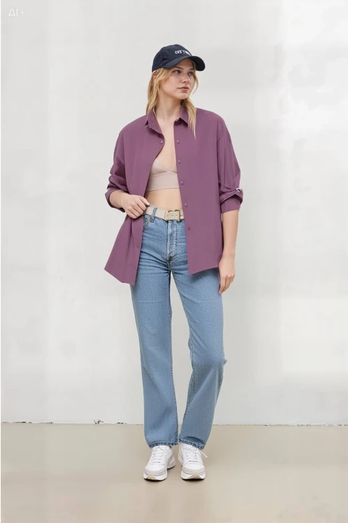 Kadın Koyu Lila Oversize Uzun Basic Gömlek HZL22W-BD139001
