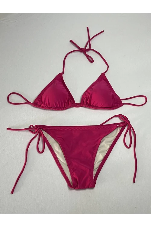 Kadın Koyu Pembe Boyundan İp Bağlamalı Üçgen Bikini Takımı HZL25S-LC5005