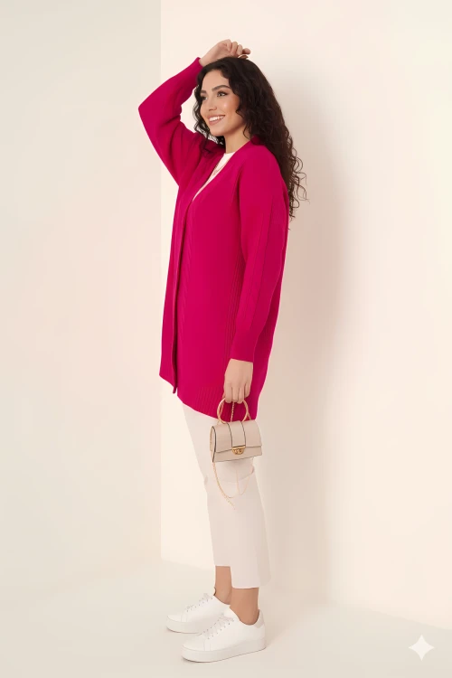 Kadın Koyu Pembe Saç Örgü Desen Uzun Düğmeli Rahat Kesim Triko Hırka HZL23W-BD1100691