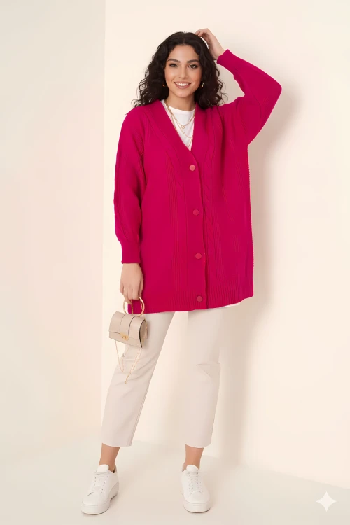 Kadın Koyu Pembe Saç Örgü Desen Uzun Düğmeli Rahat Kesim Triko Hırka HZL23W-BD1100691
