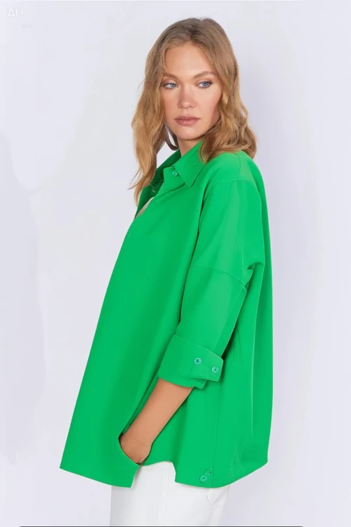Kadın Koyu Yeşil Oversize Uzun Basic Gömlek  HZL22W-BD139001