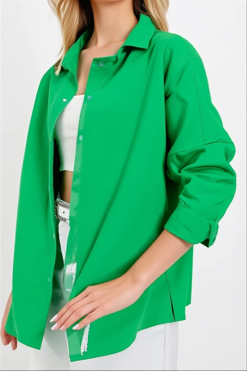 Kadın Koyu Yeşil Oversize Uzun Basic Gömlek  HZL22W-BD139001