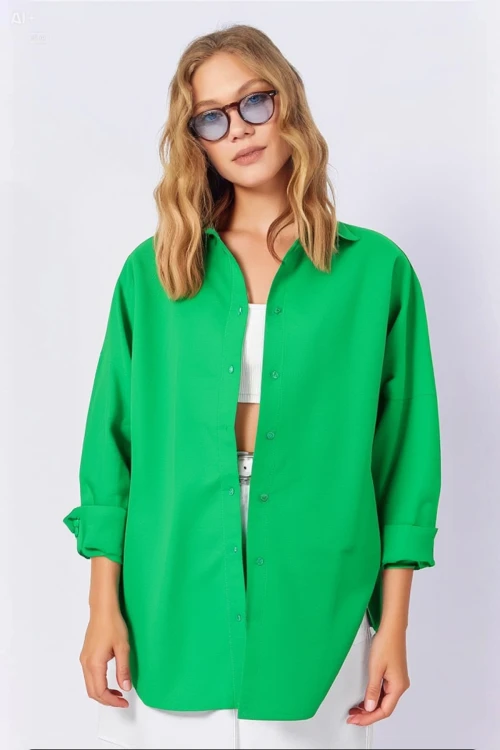 Kadın Koyu Yeşil Oversize Uzun Basic Gömlek  HZL22W-BD139001