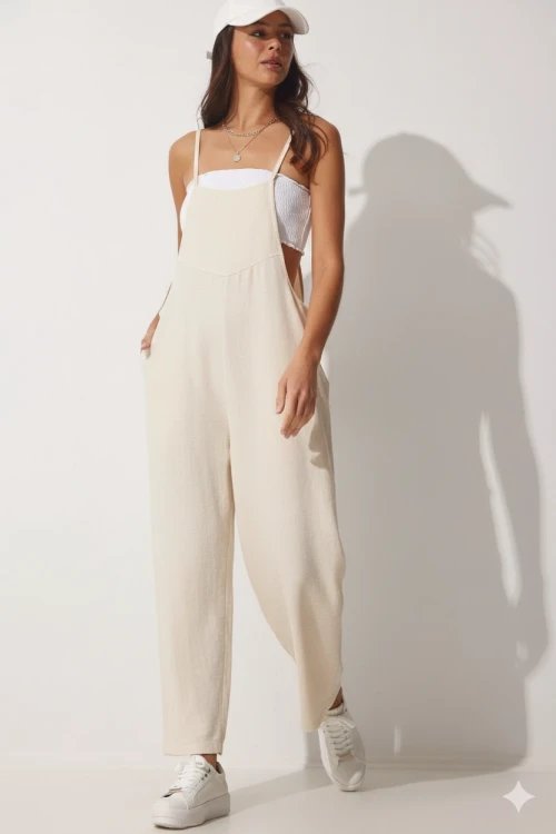 Kadın Krem Ayarlanabilir Askılı Cepli Bol Paça Bahçıvan Tulum HZL22S-BD170191