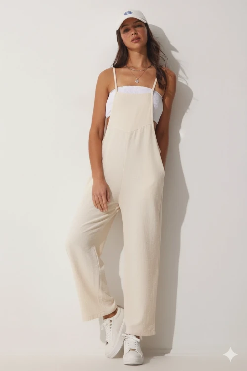 Kadın Krem Ayarlanabilir Askılı Cepli Bol Paça Bahçıvan Tulum HZL22S-BD170191