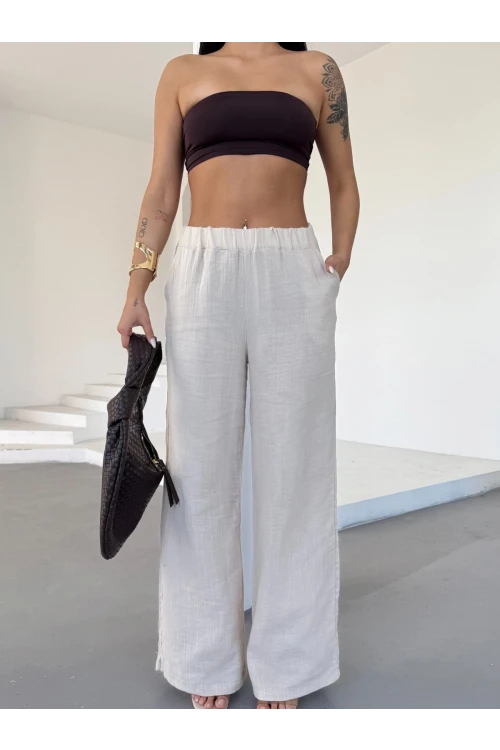 Kadın Krem Beli Lastikli Müslin Kumaş Bol Paça Pantolon HZL25S-DSB12221