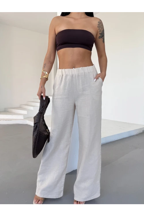 Kadın Krem Beli Lastikli Müslin Kumaş Bol Paça Pantolon HZL25S-DSB12221
