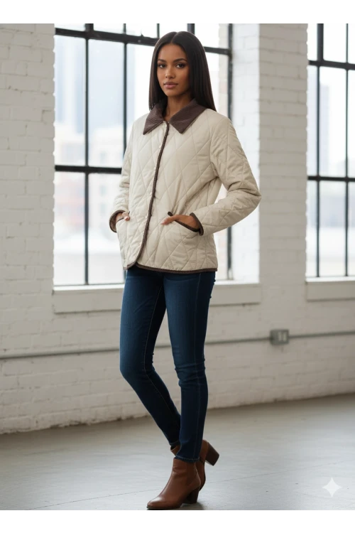Kadın Krem Çıt Çıt Kapamalı Kadife Detaylı Kapitone Mont HZL25W-BD152261