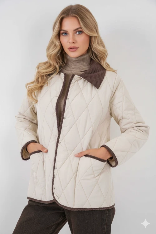 Kadın Krem Çıt Çıt Kapamalı Kadife Detaylı Kapitone Mont HZL25W-BD152261