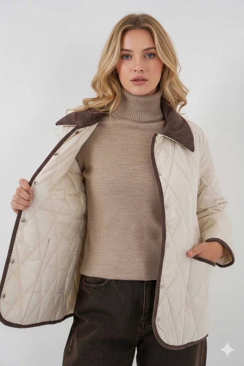 Kadın Krem Çıt Çıt Kapamalı Kadife Detaylı Kapitone Mont HZL25W-BD152261