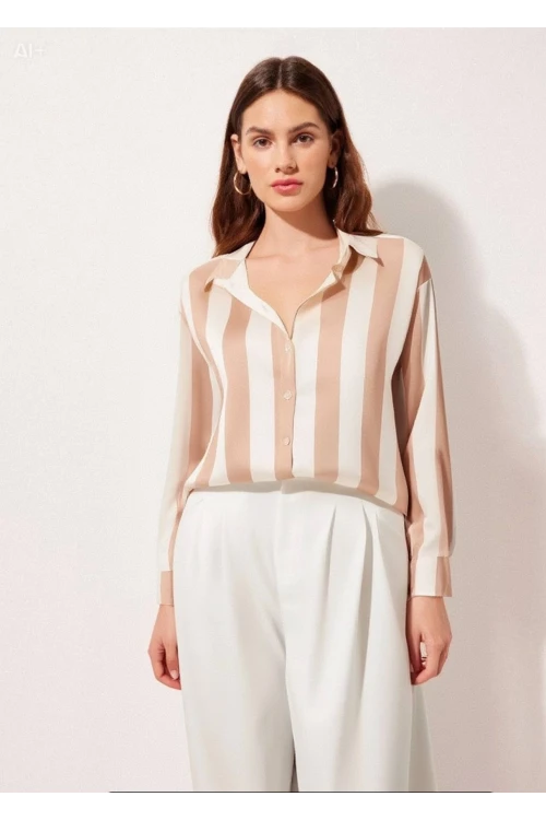 Kadın Bej Krem Çizgili Saten Gömlek HZL23S-BD1201731