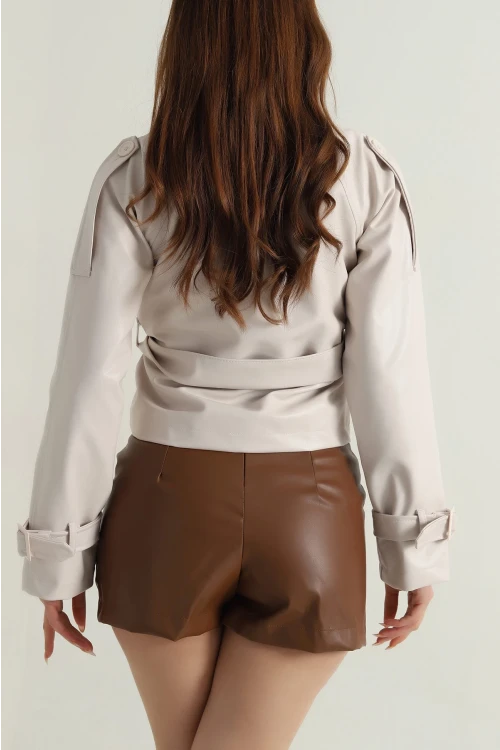 Kadın Krem Kemerli Astarlı Suni Deri Ceket HZL25W-BD110461