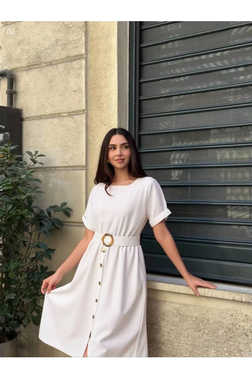Kadın Krem Kemerli Düğmeli Yazlık Keten Viskon Elbise HZL23S-BD123891