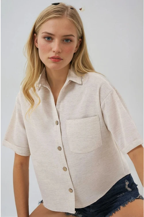 Kadın Krem Keten Görünümlü Crop Gömlek HZL25S-BD1203391
