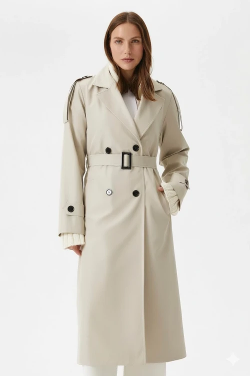 Kadın Krem Kruvaze Yaka Astarlı Kemerli Mevsimlik Trençkot HZL25W-BD159411