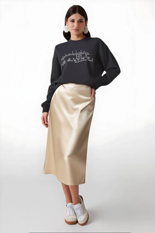 Kadın Krem Saten Yüzeyli Beli Lastikli Midi Boy Etek Hzl23s-bd1101471