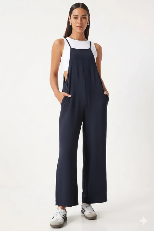 Kadın Lacivert Ayarlanabilir Askılı Cepli Bol Paça Bahçıvan Tulum HZL22S-BD170191