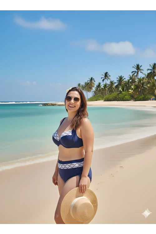 Kadın Lacivert Beyaz Etnik Desenli Büyük Beden Bikini Takım HZL25S-LC2220