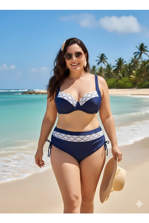 Kadın Lacivert Beyaz Etnik Desenli Büyük Beden Bikini Takım HZL25S-LC2220